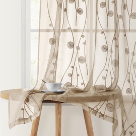 HOMEIDEAS Taupe Sheer Curtains 52 X 63 Inches Length 2 Panels Beige Embroidered Wave Line with Spiral Pattern Pocket Faux Linen Semi Sheer Voile Window Curtains/Drapes for Bedroom Living Room