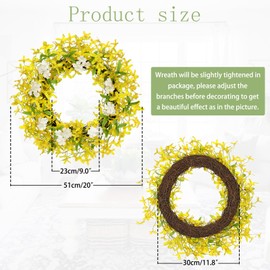 Oairse 20"/50cm Artificial Forsythia Flowers Wreath Spring Summer Wreath Faux Floral Wreath Yellow Forsythia Door Wreaths for Front Door Home Kitchen Wall Window Mantle Farmhouse Indoor Outdoor Decor