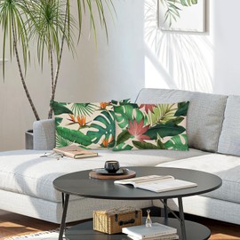 Bonhause Tropical Leaves Throw Pillow Covers 12 x 20 Inch Green Palm Leaf Monstera Botanical Pillows Case Polyester Linen Cushion Covers for Outdoor Couch Sofa Patio Decor Set of 2