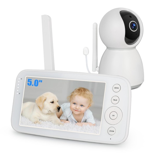 Yicty Babyphone Caméra Moniteur pour Bébé 5" avec Caméra et Audio Baby Phone Vidéo PTZ Caméra 1080P Écran IPS 720P FHSS Privé et Sécurisé Vision Nocturne Mode VOX Portée 300m