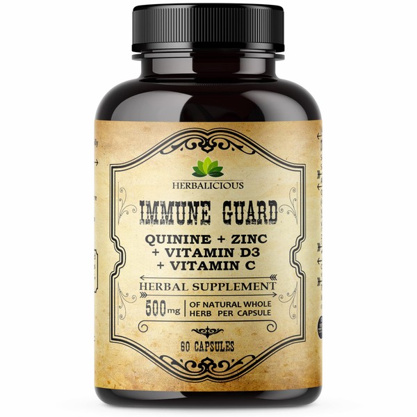 HERBALICIOUS Quinine Immune Guard - Quinine Capsules Supplement with Vitamin C, D3, Zinc - for Muscle Cramps Relief & Stomach Wellness - Non-GMO Cinchona Bark Herbal Supplements - 500mg, 60 Capsules