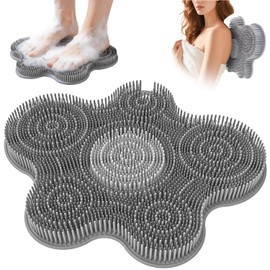 Alfombrilla exfoliante de silicona para pies de ducha, limpiador exfoliante para la espalda, almohadilla de baño con ventosas para pared, antideslizante, picazón, piel muerta, limpieza profunda, cerdas suaves, 14.2 x 11.2 pulgadas, color gris