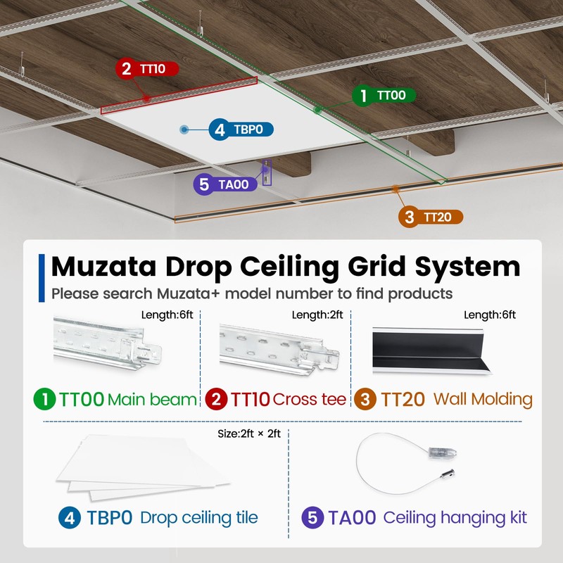 Muzata 10Pack White Wall Molding Drop Ceiling Grid Kit Total