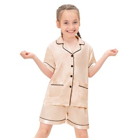 SWOMOG Kids Satin Pyjamas Girls Boys Short Sleeve Pjs Sets Two Pockets Silky Nightwear 2 Piece Button-Down Skeepwear for 4-13 Champagne