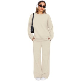 XIEERDUO Plus Size Workout Sets for Women Sweatsuits 2 Piece Set Fall Fashion Crewneck Sweatshirts Wide Leg Sweatpants with Pockets Travel Outfits Khaki 2XL