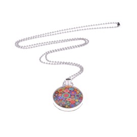 Adi Fashion Jewellery Necklace "Samara", 70 cm Long Ball Chain with a Round 25 mm Pendant with Colourful Motifs on Both Sides Under Glass Cabochons, Handmade in Berlin, Stainless steel, brass