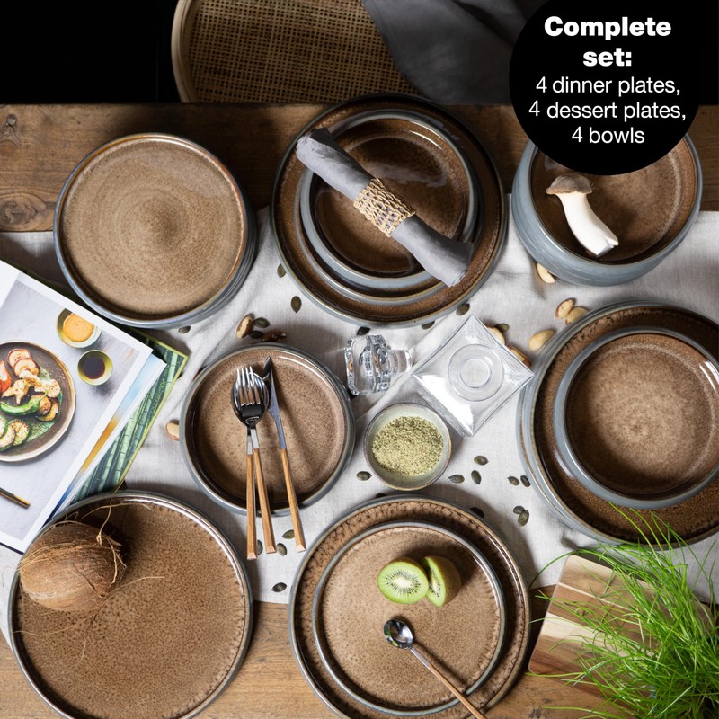 Solid 12-Piece Stoneware Dinnerware Set for 4 | Plate and