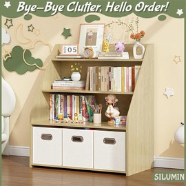SILUMIN Kids Bookshelf with 3 Drawers, 4-Tier Toy Storage Organizer, Wooden Toddler Book Shelf for Nursery, Bedroom, Playroom, Classroom