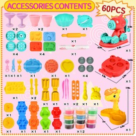 GOVOY Dough Play Set 60pcs Kitchen Creation Color Dough 3 in 1 Hamburger Noodle Ice Cream Making Machine Play Food Toys with Modeling Clays(12 Colors) and Tools for Kids