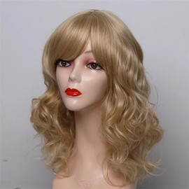 Short Bob Wig Synthetic Natural Side Bangs Curly Heat Hair For Women Blonde Natural Wave Shoulder Length Cosplay P27613 16inches