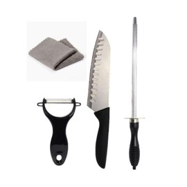 3-piece kitchen knife set with original dish towel (Santoku knife, sharpener, peeler set) MCK-123