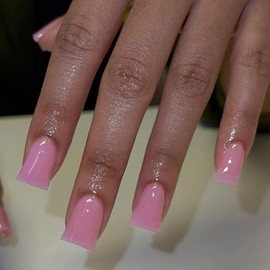 KQueenest Duck Press on Nails Medium - Summer Press on Nails Baby Pink, Glossy Opaque Fake Nails with Glue, Fit Perfectly, Reusable Soft Gel Glue on Nails for Women, 24 Pcs