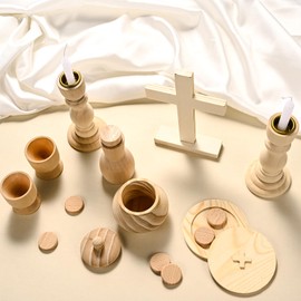 Catholic Gifts for Kids Catholic Mass First Communion Gifts Wooden Mass Play Set Includes Altar Cross Chalice Monstrance Box Flagon Candle Holders Candles Paten Communion Wafers Holy Cloth