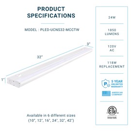 PARMIDA LED Under Cabinet Lighting, Hardwired Installation, 32 Inch, 24W, 5CCT Color Selectable - 2700K/3000K/4000K/5000K/6000K, ETL Listed, 120V, Dimmable, 1850 Lumens, White Finish