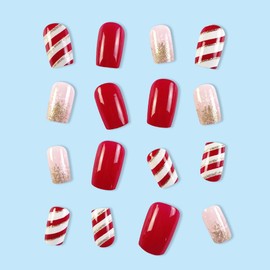 Snowflake Press on Nails Medium Square Fake Nails Christmas Nails with Designs Red Stripe Stick on Nails Full Cover Acrylic Nails Gold Glitter Glue on Nails Xmas Artificial Nail Decoration for Women