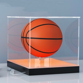 12'' Acrylic Display Case with RGB LED Lighted Base & Ball Holder, App & Controller, 16 Million Colors, Music Sync & Timer, Showcase Fullsize Basketball, Football, Mini Helmet, Collectibles