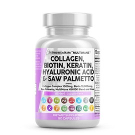 Clean Nutra Multimane Collagen Pills Biotin Keratin Saw Palmetto Hyaluronic Acid - Hair Skin and Nails Vitamins and DHT Blocker with Vitamin E Folic Acid Pumpkin - Color: 1 Bottle