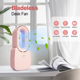 CONBOLA Small Tower Fan, 11.8 Inch Personal Portable Fan Rechargeable, USB Quiet Bladeless Desk Fan with 3 Speeds, Battery Operated Fan with Decorative LED for Office Bedroom Outdoor Table Home(Pink)