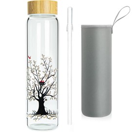 Ferexer 32 oz Glass Water Bottle with Straw, Borosilicate Glass Bottle with Bamboo Lid and Neoprene Sleeve (Tree)