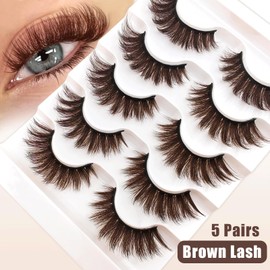 5 Paare 3D Brown Falsche Wimpern Katzenauge, Flauschiges Volumen Curly Cat-Eye Künstliche Wimpern Natürlich Look, Wiederverwendbar Handgemacht Faux Mink Make-up-Wimpern(B-12)