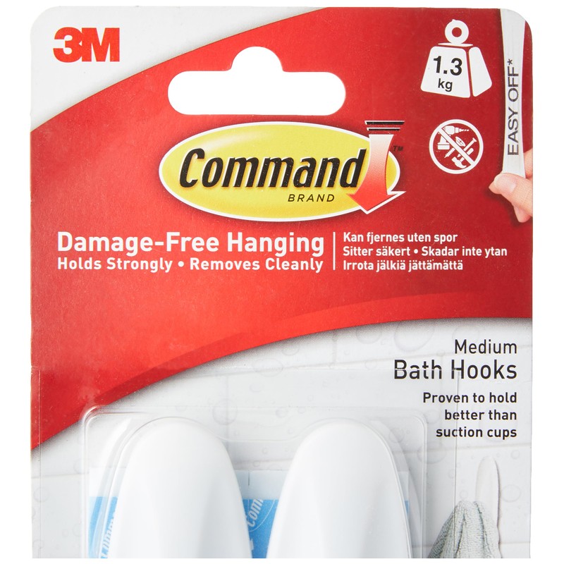 Command Designer Bath Hooks, Medium, White, 2-Hooks with Water-Resistant Strips