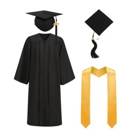 TOONRAIN Graduation Cap and Gown 2026 Matte Graduation Costume Tassel Topper Sash Set Adult Stole for High School Bachelor Robe （Matte Classic Black,48''