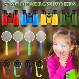 Wettarn 24 Pack Christmas Kid Mini Binocular Compass Magnifying Glass Set for 3-12 Years Boy Girl Toddler Gifts Small Compact Telescope Binocular for Bird Watching Outdoor Camping Hiking Exploring