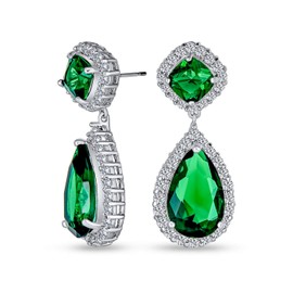 5CTW Green CZ Teardrop Pear Shape Simulated Emerald Cubic Zirconia Dangle Earrings For Women Rhodium Plated Brass
