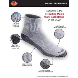 Dickies Men's Dri-Tech Moisture Control Quarter Socks (6, 12, 18 Pairs), Grey (6 Pairs), Large
