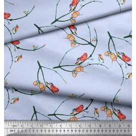 Soimoi Blue Cotton Canvas Fabric Branch,Floral & American Robin Bird Printed Fabric 1 Yard 56 Inch Wide