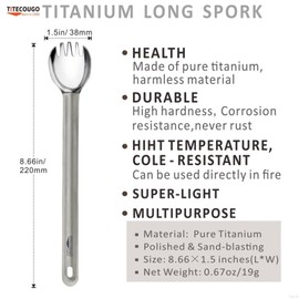 TITECOUGO Titanium Spork, Camping Long Spork Titanium Multitool Lightweight Camp Outdoors Hiking Travel Convenient Picnic Spoon Fork for Men Women Portable Flatware 1 pack