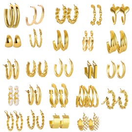 24 Pairs Gold Earrings Set Women, Gold Pearl Earrings Set for Women, Gold Hoop Earrings Set, Hoop Earrings Set for Women, Hoop Earrings Multipack, Jewellery for Women and Girls, Alloy Steel, No