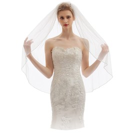 Elawbty Velo de novia corto de 1 nivel con cuentas de cristal para mujer, con peine, X09, Blanco & Estilo 3, 1 T(38 inch/95cm)