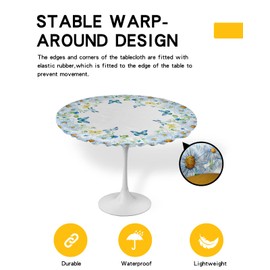 Butterfly Daisy Fitted Tablecloth, Waterproof Table Cover with Elastic Edge, Spring Pastoral Floral White Circle Table Covers for Indoor Outdoor Picnic Party 45-54in