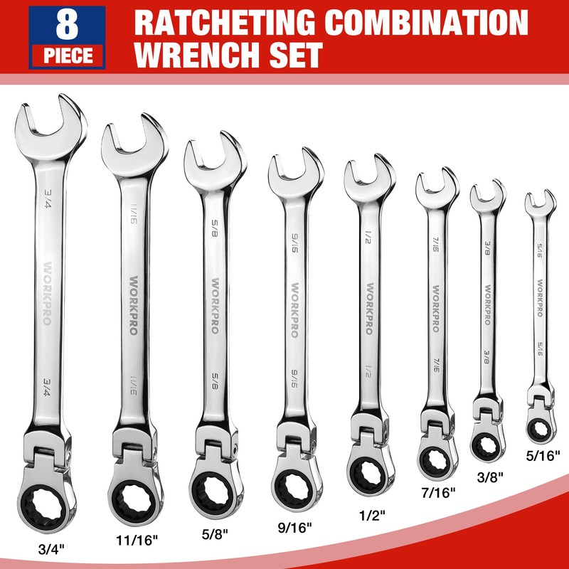WORKPRO 8-piece Flex-Head Ratcheting Combination Wrench Set, SAE 5/16-3/4 in,