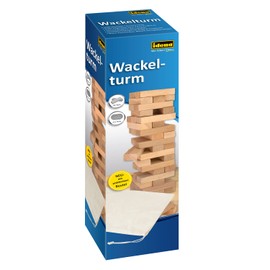 Idena 40087 Wooden Wobble Tower Game with 54 Building Blocks and Storage Bag, Approx. 8 x 8 x 26 cm Stacking Tower
