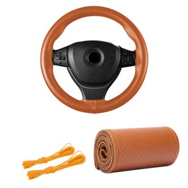 Kewucn Genuine Leather Steering Wheel Cover, 15" Universal Car Steering Wheel Protector with Needle Thread, Breathable Anti-Slip Steering Wheel Cover DIY Stitch on Wrap (Brown, Full Hole)