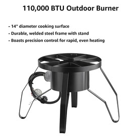 Portable Gas Stove with Hose Guard, Steel Heavy Duty Single Burner Outdoor Patio Stove, Tank Cooker Perfect for Deep Frying or Steaming, Turkey Fry, Catered Events, Camping, Range - 110,000 BTU