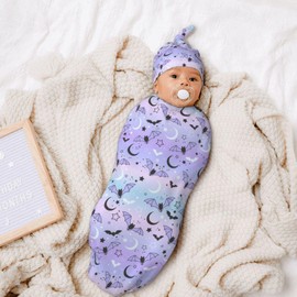 Gothic Bat Goth Baby Stuff Swaddle Blanket With Beanie Set, Star and Moon Print Swaddle Sack Newborn Sleeping Sacks For Girls Boys