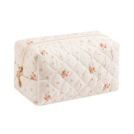 Gleyemor Large Travel Quilted Makeup Bag for Women, Cute Floral Cotton Cosmetic Bag, Toiletry Period Bag Pencil Pouch Aesthetic Case Essentials Bag, S22-White Floral