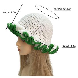 Hshsclth Boho Chic Crochet Hat Solid-Color Handmade Knit Bucket Hat with Colorful Ruffles Winter Knitted Fisherman Hat (US, Alpha, One Size, White Green)