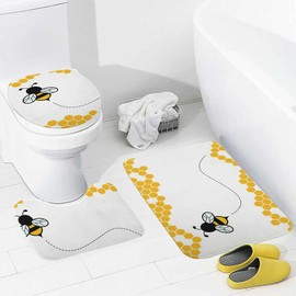 Bath Rug Sets 3 Piece for Bathroom Honey Bumble Bee Hive Cute Cartoon Anti-Slip Absorbent Bath Mats Toilet Lid Cover and U-Shaped Contour Rug Machine Washable