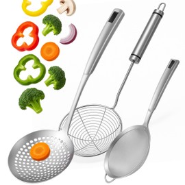 Spider Strainer Set 3pcs – Stainless Steel Skimmer Spoon Frying Scoop Oil Strainer Ladle for Pasta Fryer, Draining Kitchen Cooking Utensil Durable and Versatile