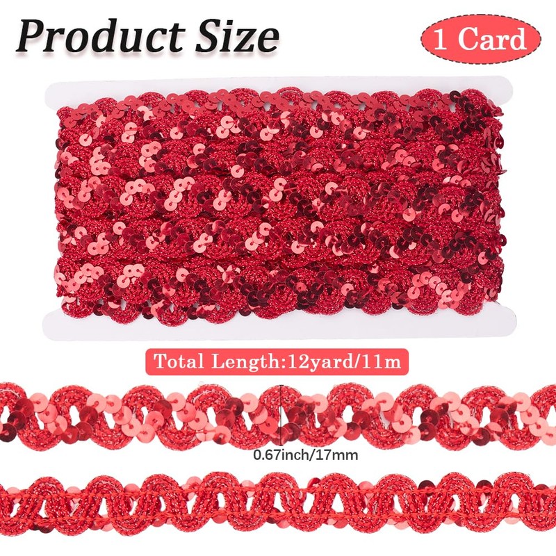 CABODYALS 11M Red Sequin Ribbon Wavy Braid Glitter Trimming Flat