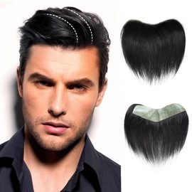 Meiverah Frontal Hairpiece for Men Jet Black Hair Extension Hairline Loss Straight Tape in Human Hair Toppers Replacement Toupee (1.57"x7", 6", Jet Black)