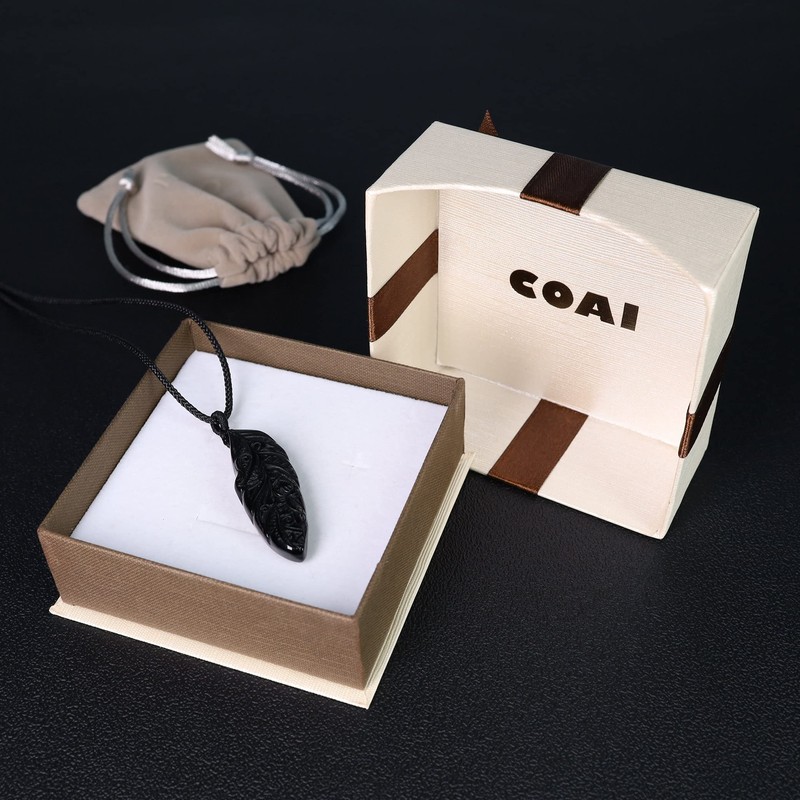 COAI Women's Feather Black Obsidian Necklace