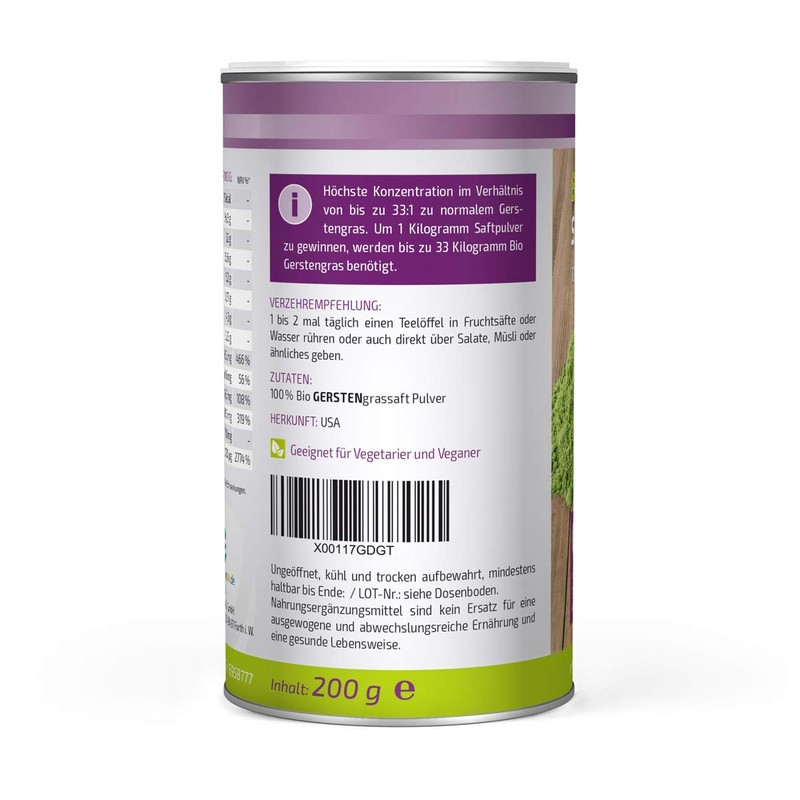 Bio Gerstengrassaft Pulver 200g - 100% Rohkost Qualität - echtes