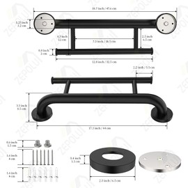 Black Towel Grab Bar 17 Inch, Zepolu Handicap Towel Bar for Bathroom, Stainless Steel Safety Assist Bar Balanced Support Handle, Wall Mounted Towel Rack Grab Bars for Senior Elderly Disabled