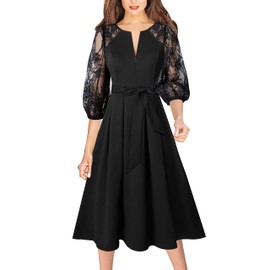 VFSHOW Womens Lace Bishop Sleeve Front Zipper Pleated Slim Belted Cocktail Party Black A-Line Midi Dress 9937 BLK L