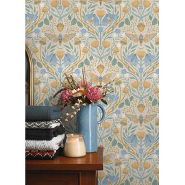RoomMates Enchanted Forest Damask Orange and Linden Peel and Stick Wallpaper, RMK12784PLW